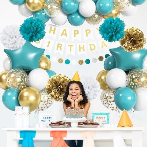 Teal & Gold Birthday Decorations - Turquoise Blue White Gold Balloons, Happy Birthday Banner, Foil Balloons, Aqua Pom Poms for Women & Girls Parties - Image 4