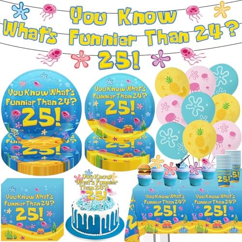 Blue Ocean Birthday Party Decorations Tableware 104Pcs Whats Funnier Than 24 25 Birthday Supplies Include Banner Balloons Plates Napkins Cups Tablecloth Cupcake Toppers and Cake Topper by Unknown