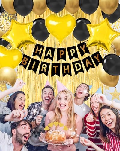Black Gold Happy Birthday Party Decorations with Banner Balloons for men - Image 2