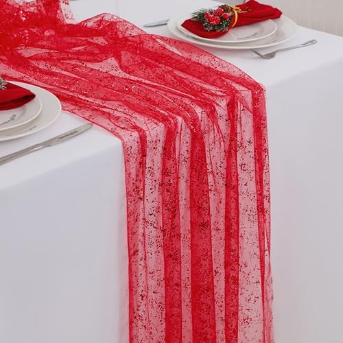 Snowkingdom 6 Pcs Red Glitter Table Runner 10 FT, Sheer Chiffon Sparkle Gauze Cheesecloth Mesh Runners 120 Inch, Red Table Centerpieces Decoration for Birthday Party Wedding Christmas Mothers Day by Snowkingdom
