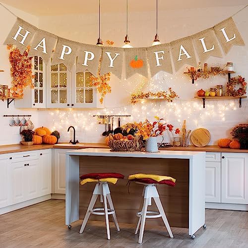 Whaline Happy Fall Pumpkin Burlap Banner Harvest Home Decor Bunting Flag Pre-Assembled Autumn Hanging Garland Party Thanksgiving Day Decoration (White) - Image 6