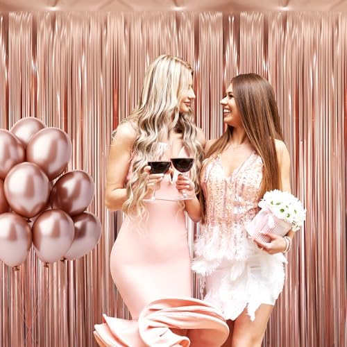 GOER 6.4 ft x 8.2 ft Metallic Tinsel Foil Fringe Curtains,Pack of 2 Party Streamer Backdrop for Birthday,Graduation Decorations and New Year Eve (Matte Rose Gold,Thick Material) - Image 2