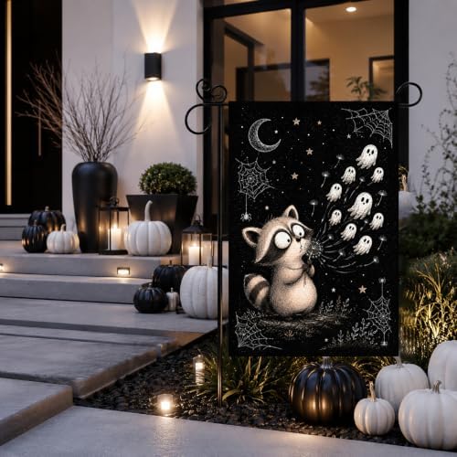 Halloween Garden Flag Whimsical Raccoon Ghost Dandelion Black Flag 12x18 - Image 4