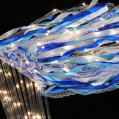 100 Pcs Wedding Wands Ribbon with 3 Colorful Flashing Modes, Light up LED Silk Fairy Wands, Glow Lace Stick with Bells for Wedding Reception, Graduation, New Year, Birthday Party (Blue) by HUIZONHOME
