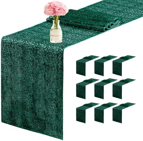 10 Packs 12 x 72 inches Sequin Table Runner, Hunter Green Glitter Table Runner for Birthday Party Supplies Wedding Engagement Baby Shower Holiday Celebration Event Decorations by Yblut