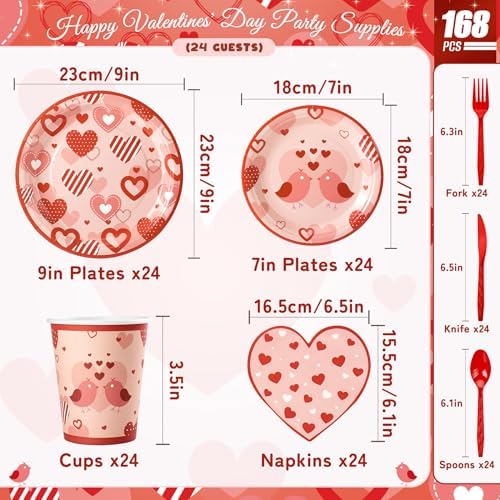 168PCS Red Love Heart Party Supplies for Valentines,Galentines Disposable Paper Plates Napkins Cups Cutlery for 24 Guest,Love Party Tableware for Anniversary Wedding Engagement Birthday Baby Shower - Image 2