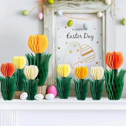 SUNBEAUTY 8PCS Flower Honeycomb Decoration Spring Decorations for Office Spring Table Decor Tulip Honeycomb Flower Mother's Day Decoration Orange Tulip Decor Spring Decor Tulips Table Centerpieces - Image 2