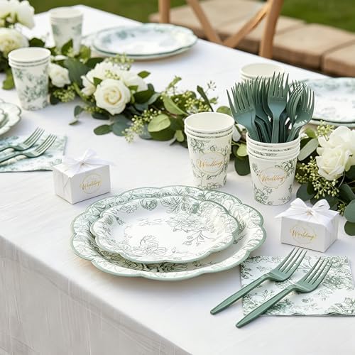 120Pcs Sage Green Floral Plates and Napkins Set for Wedding Bridal Shower - Image 4