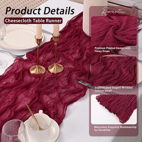 8 Pack Burgundy Cheesecloth Table Runner 17x108 inch Boho Gauze Cheese Cloth Table Runners for Wedding Party Baby Bridal Shower Home Decor - Image 4