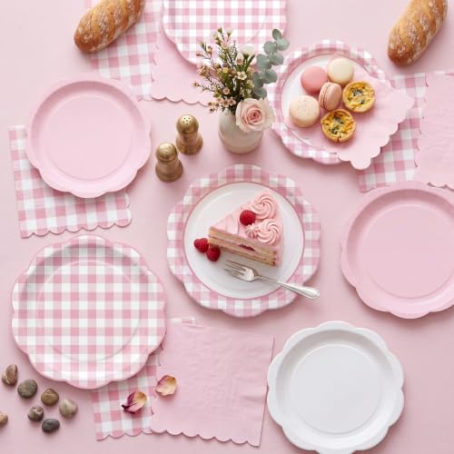LemonRoad 100 Pcs Pink Gingham Paper Plates Napkins Plastic Tablecloth Set for 24, Pink and White Disposable Dinner Dessert Scalloped Plates for Baby Shower Picnic BBQ Birthday Party Supply Decoration - Image 5