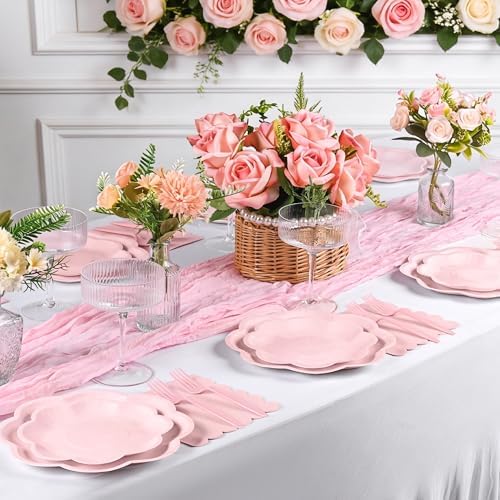 96 Pcs Pink Paper Plates and Napkins Set Pink Party supplies for 24 Guest Including Scalloped Disposable Dessert Paper Plates Napkins Plastic Forks for Baby Shower Mother's Day Wedding Easter - Image 5
