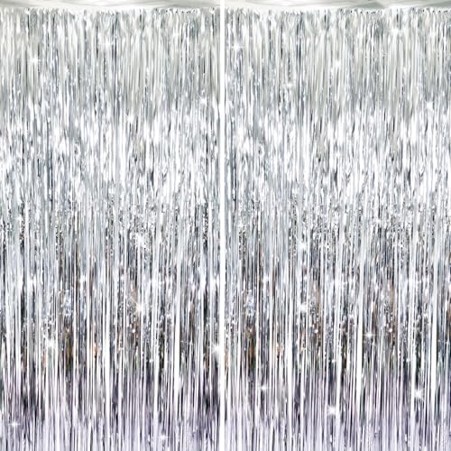 GOER 3.2 ft x 8.2 ft Metallic Tinsel Foil Fringe Curtains,Party Streamer Backdrop for Birthday,Graduation Decorations and New Year Eve (Silver,2 Packs) by GOER