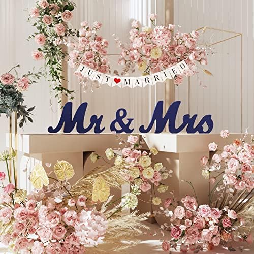 VIOPVERY Wooden Mr & Mrs Wedding Sign with Just Married Banner,Blue - Image 7