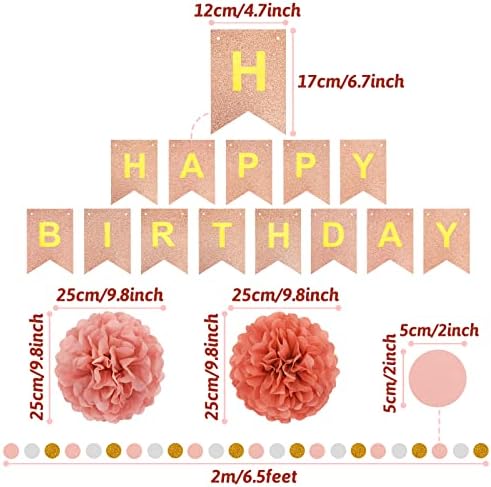 Birthday Decoration, Happy Birthday Banner, Tissue Paper Pom Poms, Hanging Paper Fan Set and Balloons for All Birthday Party Decorations, Rose Gold - Image 3