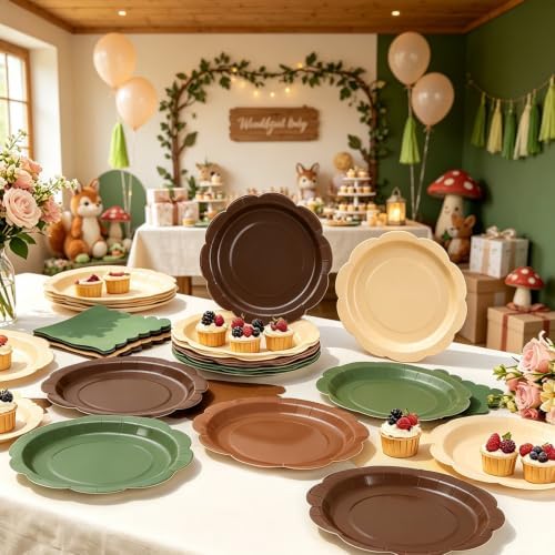 96Pcs Woodland Plates and Napkins Party Supplies,9 Inch Sage Green Brown Neutral Disposable Plates,6.5" Scalloped Napkins,Animals Safari Baby Shower Party Decorations for Birthday,Serves 48 - Image 4