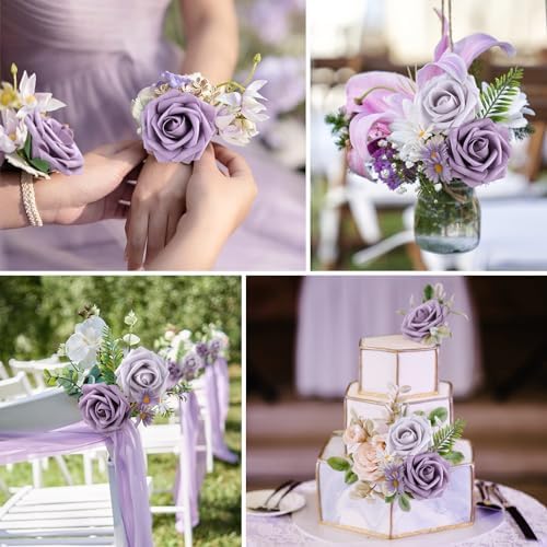 AmyHomie Pale Lavender Rose 25pcs Real Looking Artificial Flowers w/Stem - Image 3