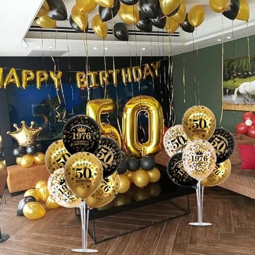 TONIFUL 4 Set 50th Birthday Decor Printed 1976 Black Gold Balloon Stand - Image 6