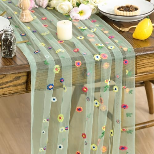 Artoid Mode 3PCS Sage Green Embroidery Daisy Gauze Table Runner 120 Inch by ArtoidMode