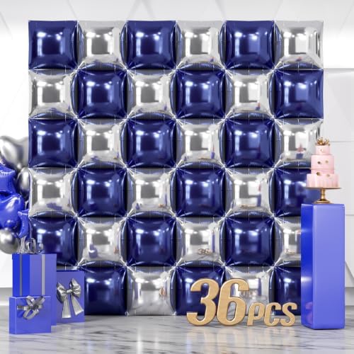NISOCY 36PCS Navy Blue and Silver Square Foil Balloons Wall Backdrop by NISOCY