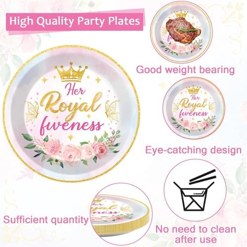 CHUNNIN 96Pcs Princess 5th Birthday Plates and Napkins Her Royal Fiveness Decorations Princess Party Dessert Plates Rainbow Castle Tableware for 24 Guests 5th Theme Girl Baby Shower Party Supplies - Image 3