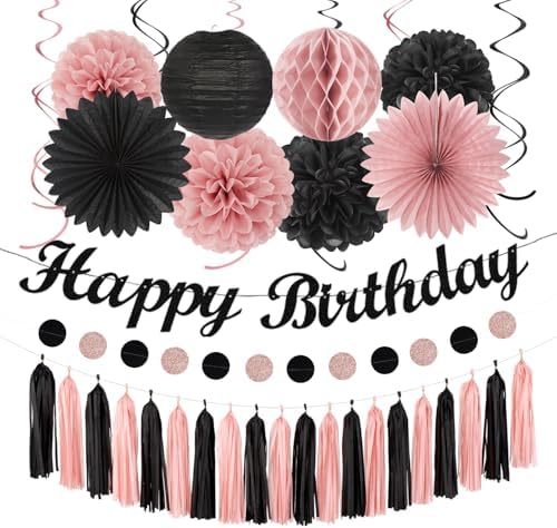 Blush-Pink Black Happy-Birthday Banner Party-Decorations - 31pcs 14th 40th Rose Gold Women Girls Paper Lanterns Streamers,Tissue Paper Flowers Pom Poms Fans Tassel Garland Sign Decor Backdrop Hugmoon by PartyDecorations