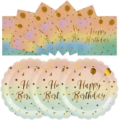 50PCS Happy Birthday Paper Plates and Napkins Set - 7 Inch Colorful and Gold Birthday Cake Plates Scalloped Dessert Plate Disposable Tableware for Birthday's Party Supplies Decorations by Unknown