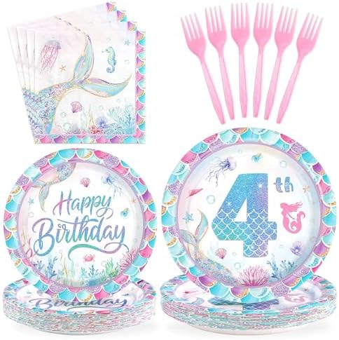 Greencian 96Pcs 4th Mermaid Birthday Party Decoration for Girls, Serve 24 by Grencian