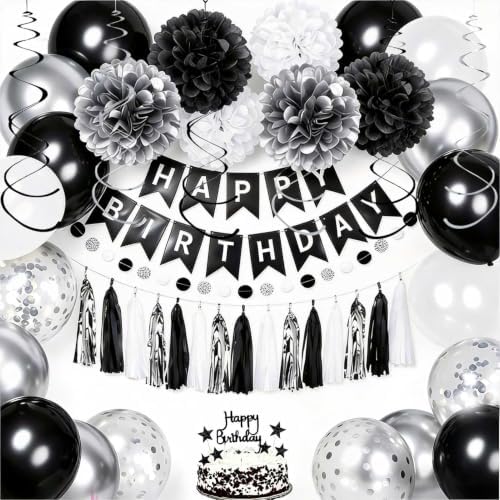 Black Silver Birthday Decorations for Men, Happy Birthday Party Supplies by YGYXMY