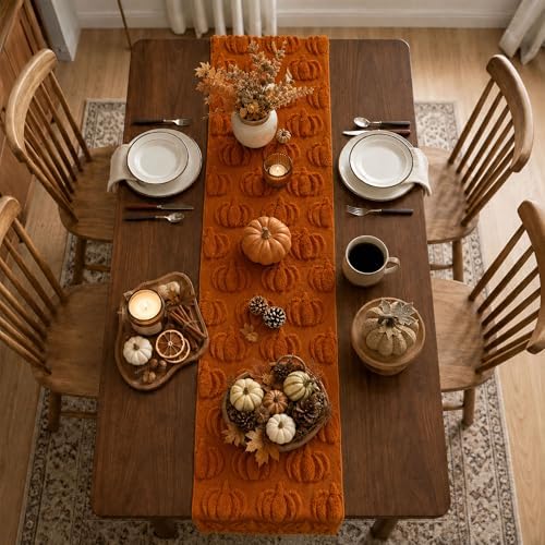 Fall Table Runner 13x72 Inch Soft Plush Faux Fur Jacquard Rust Pumpkin Table Runner, Seasonal Autumn Kitchen Dining Table Decoration for Home Party Decor ZR009B72 - Image 7