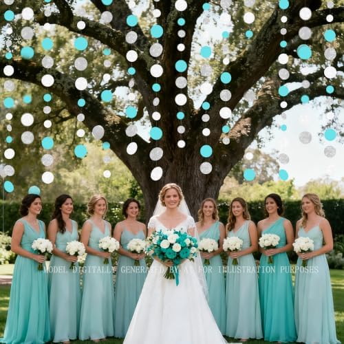 Teal Blue Silver White Party Polka Dot Garland Banner Aqua Turquoise Glitter Silver White Hanging Paper Circle Dots Streamer for Birthday Wedding Bridal Shower Party Decorations Supplies - Image 5