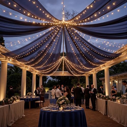 Navy Blue Ceiling Drapes with Lights String for Weddings, 6 Panels 5ftx20ft Sheer Tulle Backdrop Photo Background Drapes for Wedding Ceremony Birthday Party Arch Decoration - Image 2