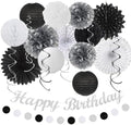 Black White Silver Birthday Party-decorations - 21pcs Boys Men Happy Banner,Paper Streamers Lanterns Honeycomb,Tissue Pom Poms Fan,Adult Supplies Decor 16th 20th 40th 45th 50th 60th Huglony by Huglony