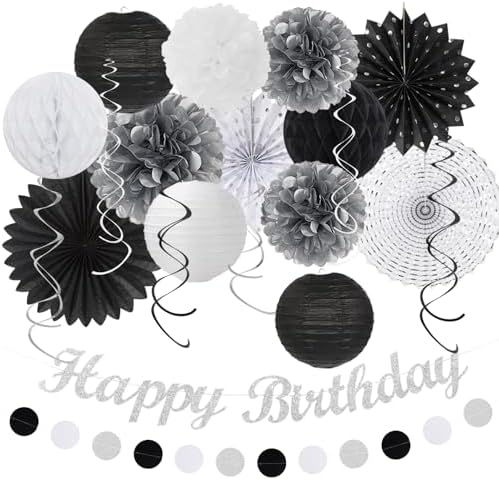 Black White Silver Birthday Party-decorations - 21pcs Boys Men Happy Banner,Paper Streamers Lanterns Honeycomb,Tissue Pom Poms Fan,Adult Supplies Decor 16th 20th 40th 45th 50th 60th Huglony by Huglony