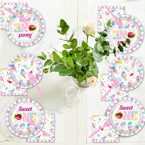 chiazllta 96Pcs Sweet One Ice Cream 1st Birthday Party Paper Plates and Napkins Supplies, Ice Cream First Birthday Tableware Decorations for Party Favors 24 Guests - Image 5
