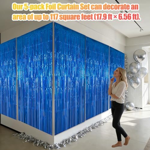 5 Pack 3.28ft x 6.56ft Blue Metallic Tinsel Foil Fringe Curtains, Photo Booth Backdrop Party Decorations for Birthday Wedding Baby Shower Graduation Bachelorette New Years - Image 3