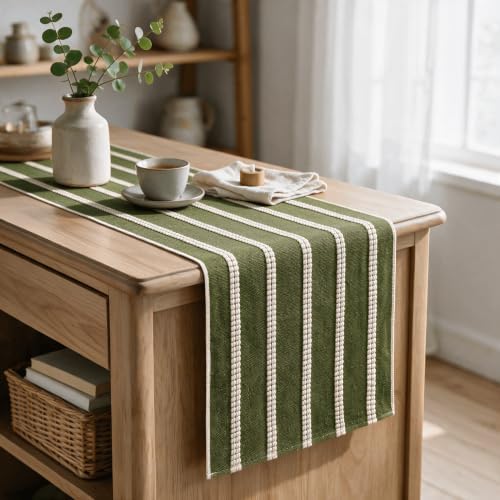 Artoid Mode Army Green Farmhouse Dashed Stripe Table Runner, Seasonal Holiday Boho Rustic Kitchen Dining Table Decoration for Home Party Decor 12x72 Inch - Image 3