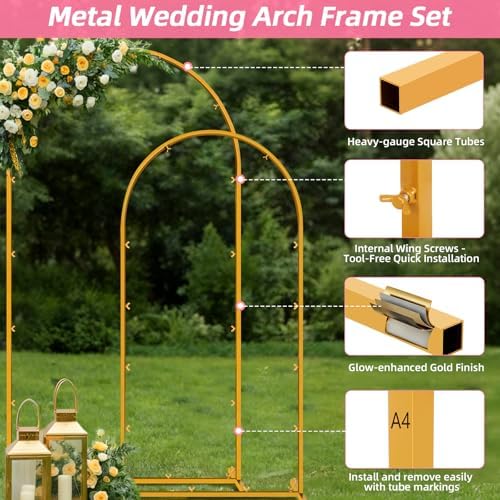 Metal Arch Backdrop Stand, 7.2FT+6FT Wedding Arches Frame, Gold Wedding Arch Backdrop Stand Set of 2, Balloon Arch Backdrop for Wedding Party Decor Birthday Baby Shower Graduation - Image 4