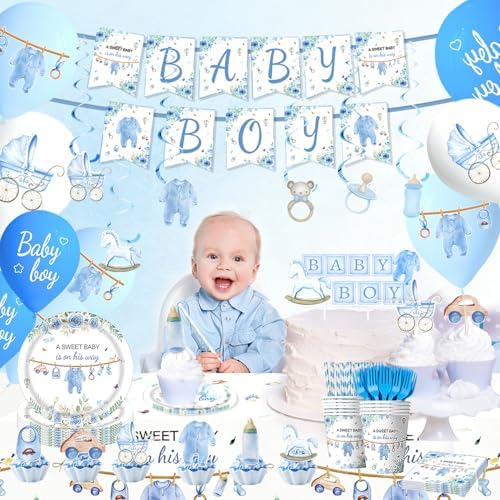 220 Pcs Blue Baby Shower Decorations 25 Guest All-in-One Party Supplies Kit with Disposable Tableware, Balloons, Hanging Swirl, Banner, Cake Toppper, Tablecloth for Baby Shower Decor - Image 6