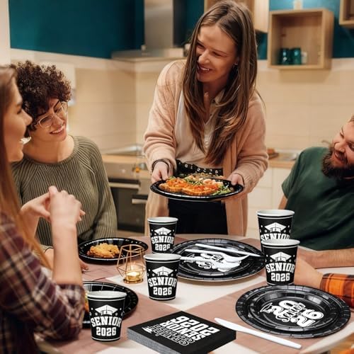 Yungyan 252 Pcs Senior 2026 Graduation Party Tableware Set Black and White Class of 2026 Grad Paper Plates Napkins Cups Forks Knives Cutlery for Graduate Party Decorations Supplies,Serve 36 - Image 5