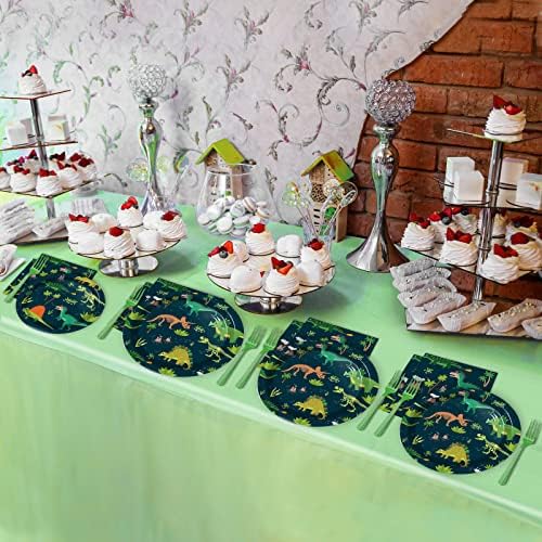Tevxj 96PCS Dinosaur Tableware Set Fossil Dinosaur World Dinnerware Disposable Plates Dinosaur Theme Party Plates Napkins Forks for Dino Birthday Shower Party Decorations Supplies 24 guests - Image 5