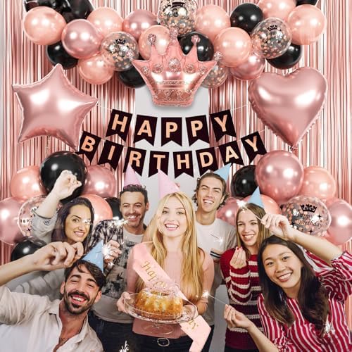 Rose Gold Birthday Decorations for Women Rose Gold Black Birthday Balloon - Image 4
