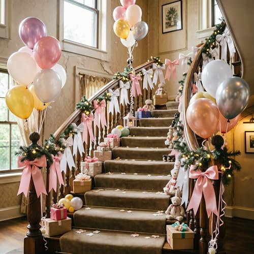 2 Strings Pink White Bow Garland Banner Decorations, Pre-Strung Satin Ribbon Bows for Birthday, Baby Shower, Bridal Shower, Coquette Girls Room, Bow Themed Party, Wedding, Christmas Tree Decorations - Image 2