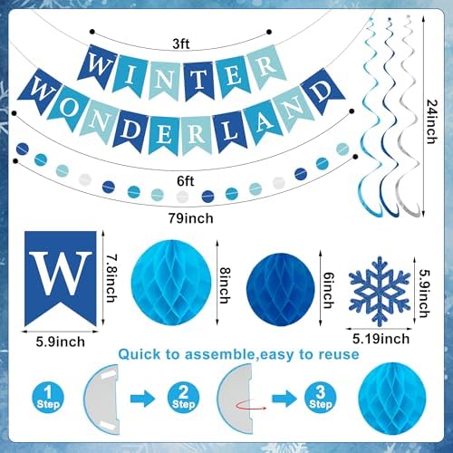 Winter Wonderland Party Decoration Winter Wonderland Banner with Pre-Strung Snowflake Hanging Swirls Blue White Honeycomb Balls Circle Dots Garland for Christmas Holiday Birthday Party Decoration - Image 2