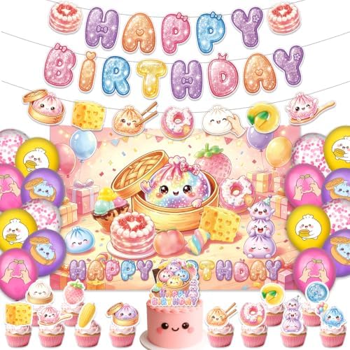 Squishy Birthday Party Decorations - Dumpling Squishy Party Supplies with Backdrop, Banners, Cake & Cupcake Toppers, Balloons for Kids Cute Kawaii Squishy Theme Birthday by BBNEWPARTY