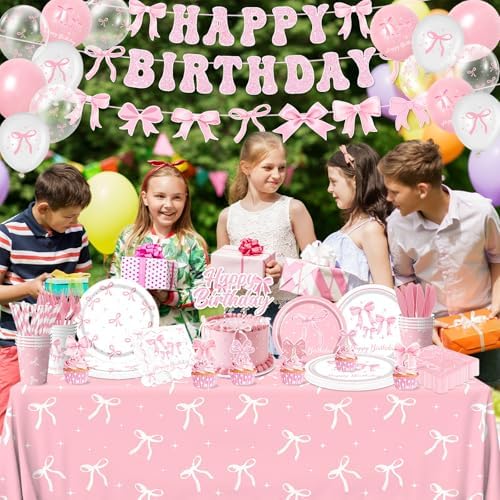 Pink Bow Birthday Party Supplies Serve 24, Coquette Birthday Decorations Include Bow Plates Napkins Cups Banner Tablecloth Cake Topper Balloons Bow Theme Tableware for Girls Bachelorette Decor - Image 5