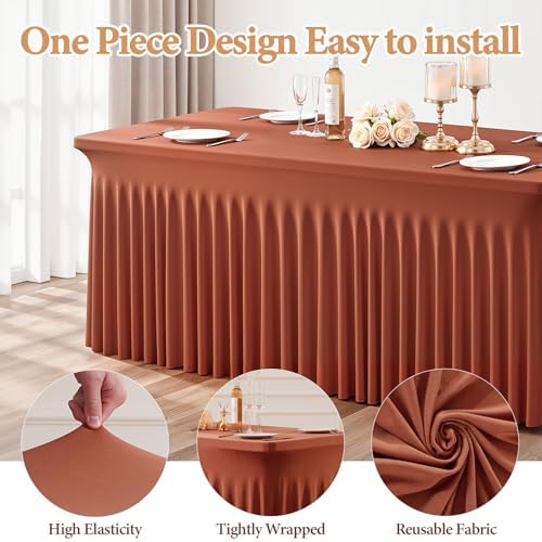 2 Packs Terracotta Spandex Table Cloths 4 Foot, Fitted Stretch Table Cover with Skirts 24x48 Inch, Wrinkle-Free Floor Length Tablecloths Rectangular for Weddings Parties Banquets Events Decorations - Image 2
