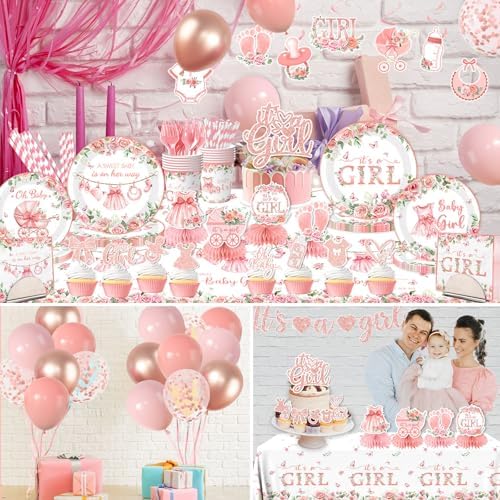 Its a Girl Baby Shower Decorations, Pink Floral Baby Shower Decorations for Girl Include Plates,Napkins,Banner,Balloons,Tablecloth,Cups,Hanging Swirl,Cake Topper,Honeycomb for Baby Girl Party Decor - Image 5