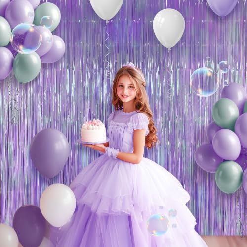 2 Pack Purple Iridescent Streamers Backdrop, 3.3x6.6ft Foil Fringe Curtains Lavender Holographic Door Tinsel Streamers for Birthday, Wedding, Holiday, Bachelorette, Theme Party Decorations - Image 3