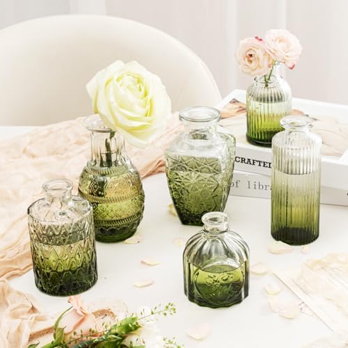 Clear Gradient Green Glass Bud Vase Set of 12 Pcs,Small Bud Vases in Bulk,Glass Crystal Flower Vases Table Centerpieces for Party Event Wedding Decor Baby Shower Decorations (Gradient Green, 12 Pcs) - Image 6