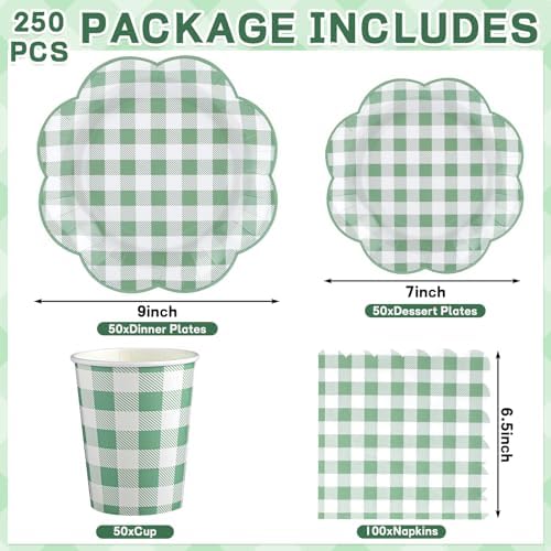 NatNarr 250 Pcs Sage Green Gingham Plates and Napkins, Scalloped Green and White Checkered Tableware Set Includes Disposable Plates Napkins and Cups for Wedding Birthday Picnic Baby Bridal Shower - Image 2